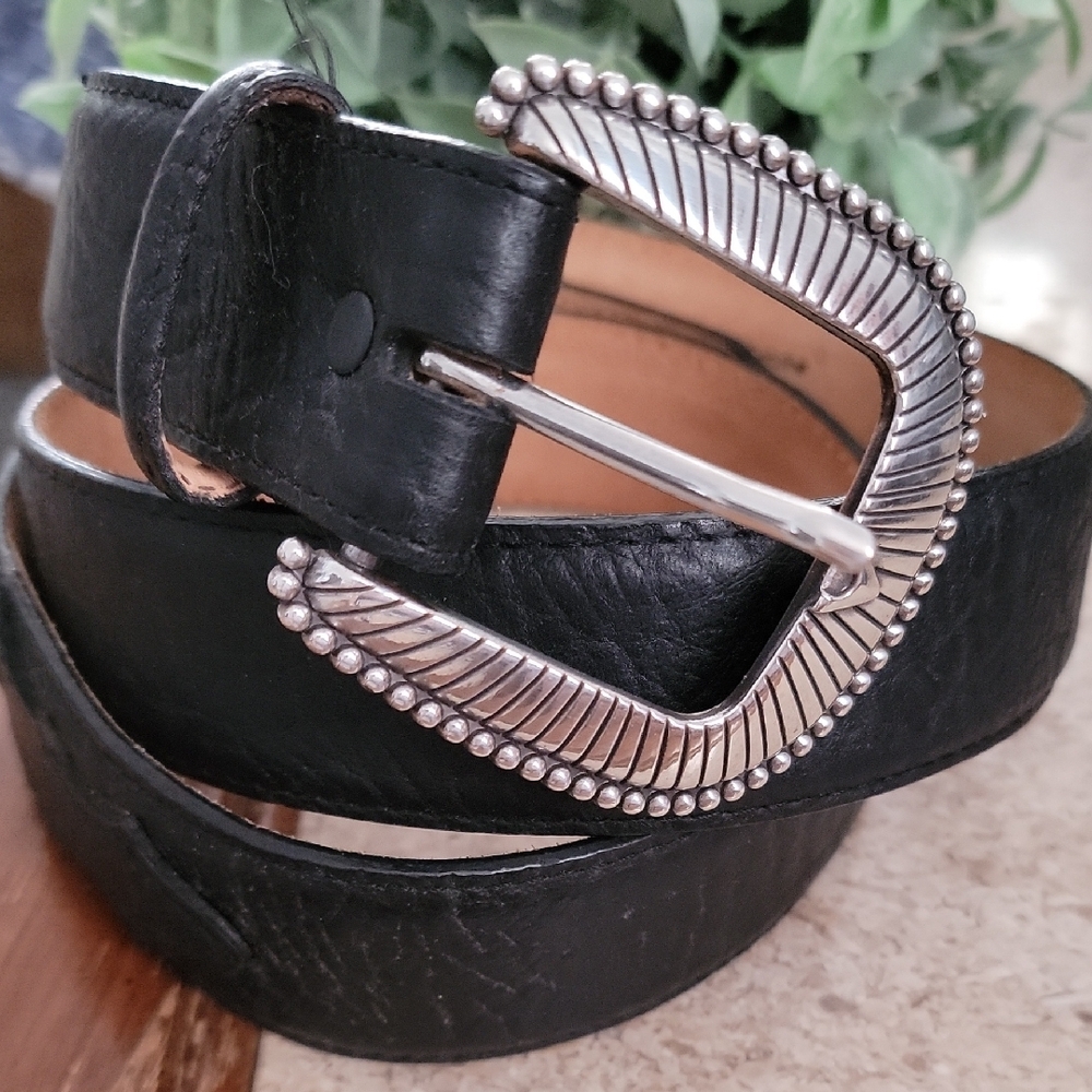Black Leather Belt with Silver Buckle